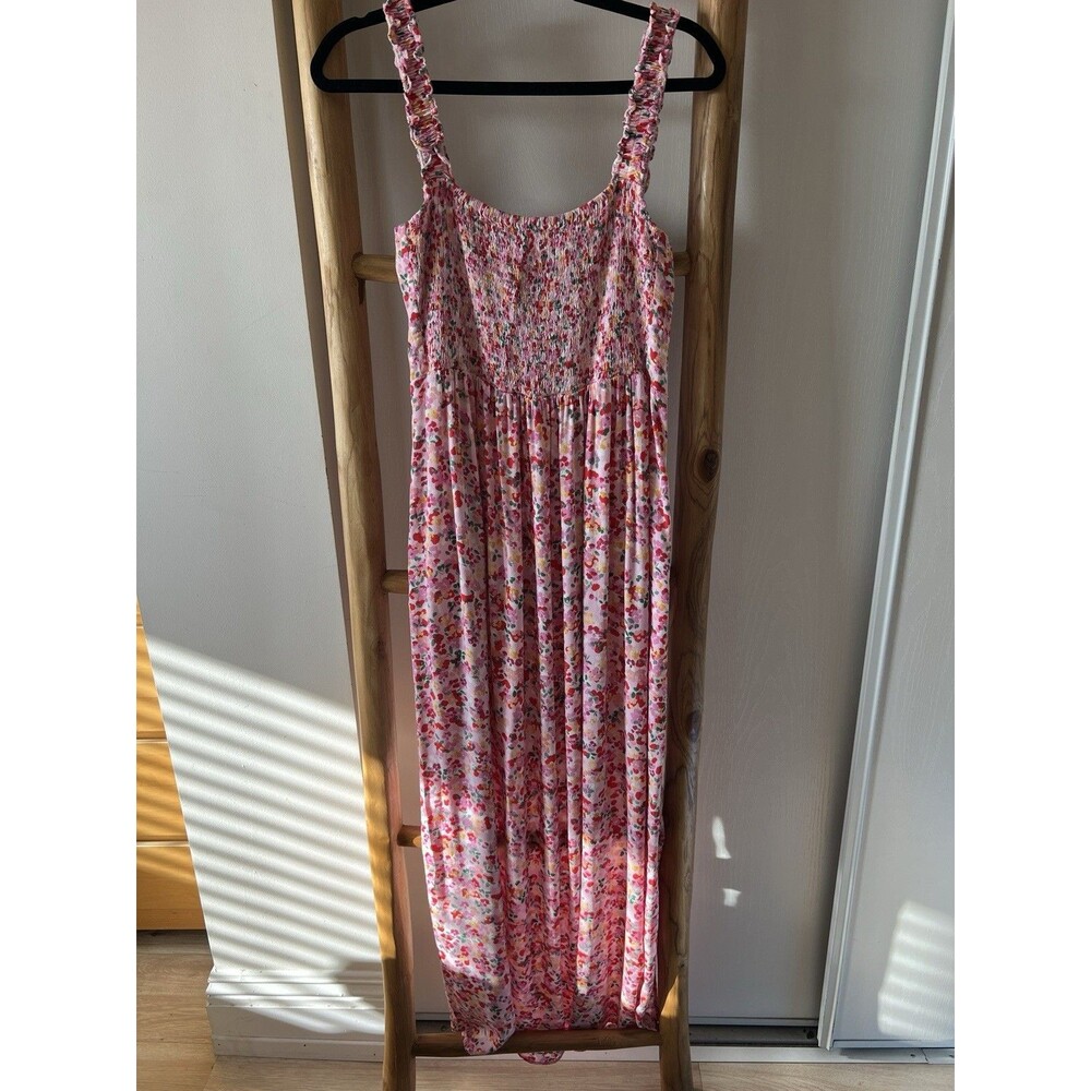 Seraphine Womens Pink Floral Smocked Square Neck Strappy Maxi Dress 12 - Picture 1 of 4